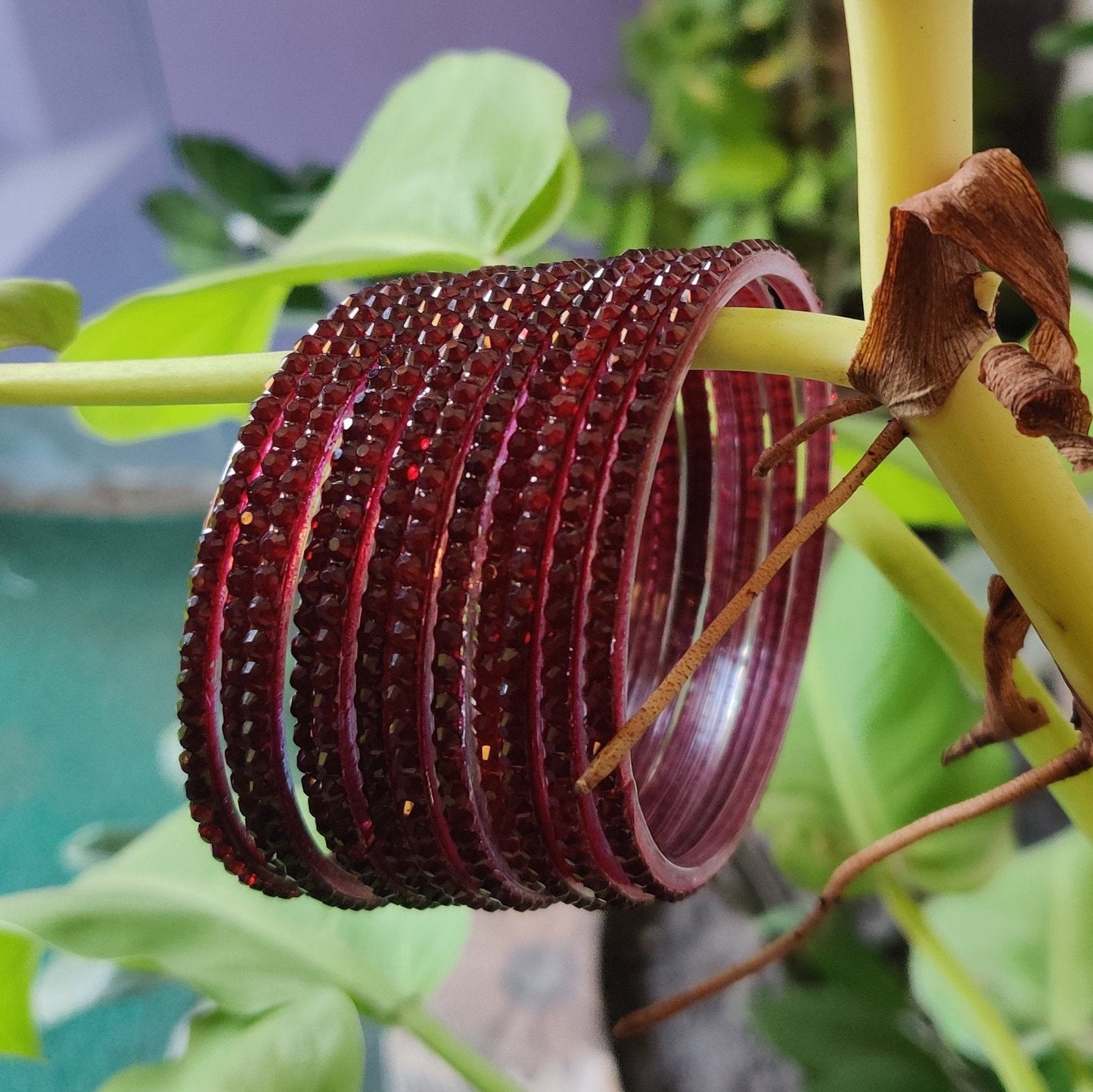 Maroon Glass Bangle Set with Crystal Accents