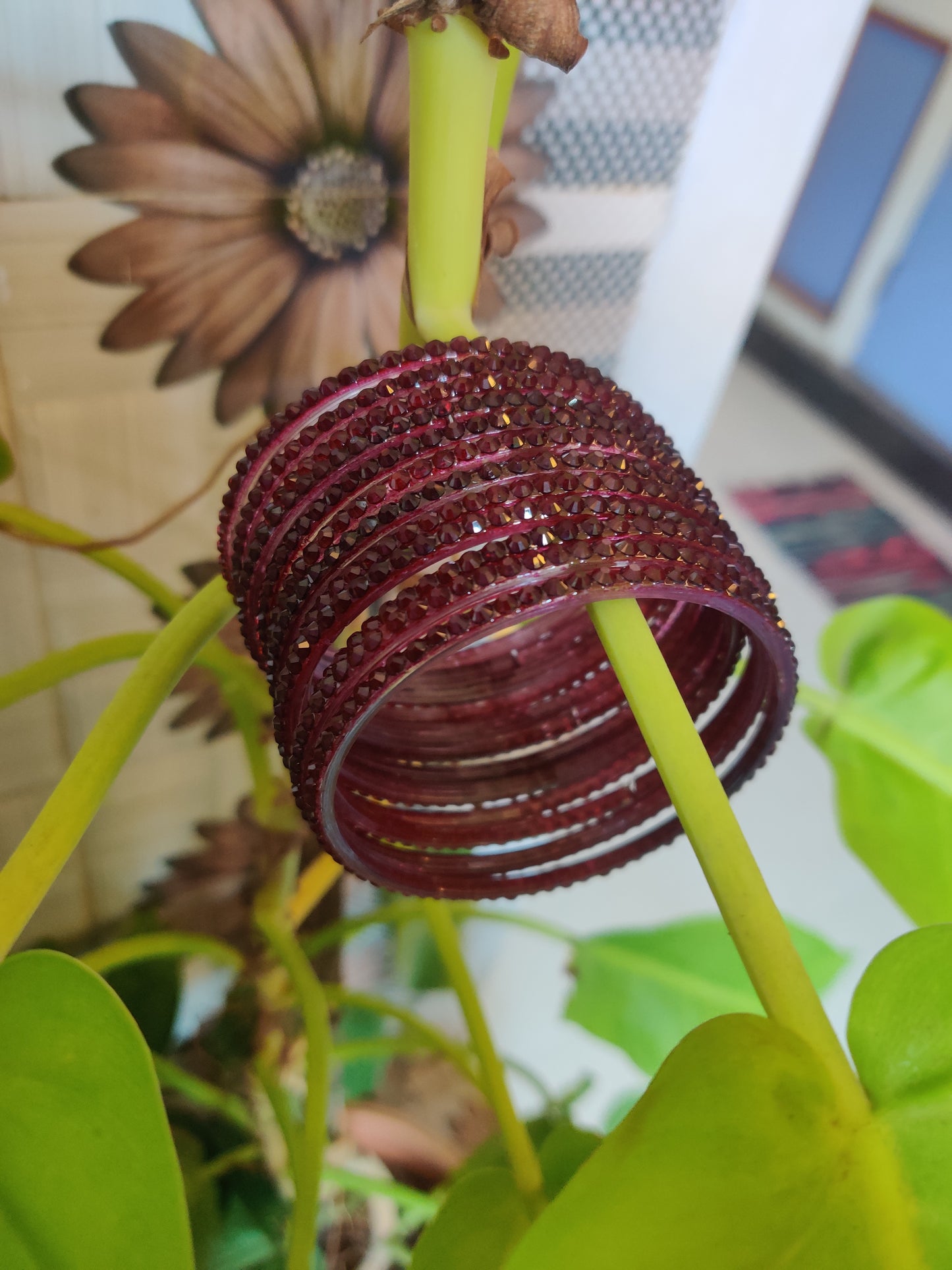 Maroon Glass Bangle Set with Crystal Accents