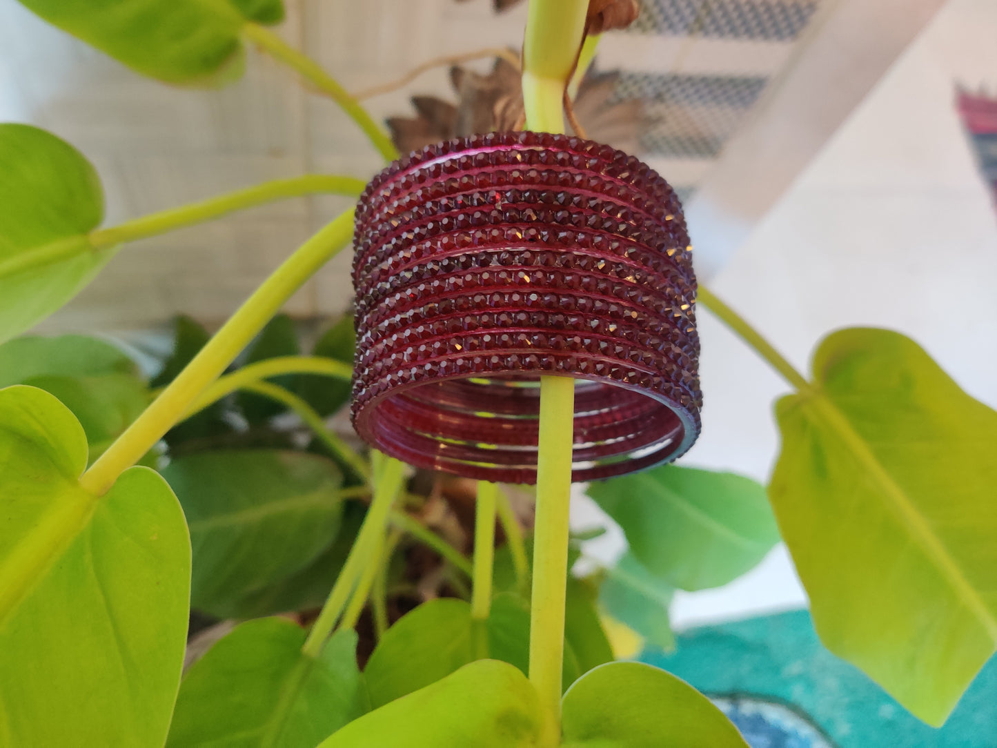 Maroon Glass Bangle Set with Crystal Accents