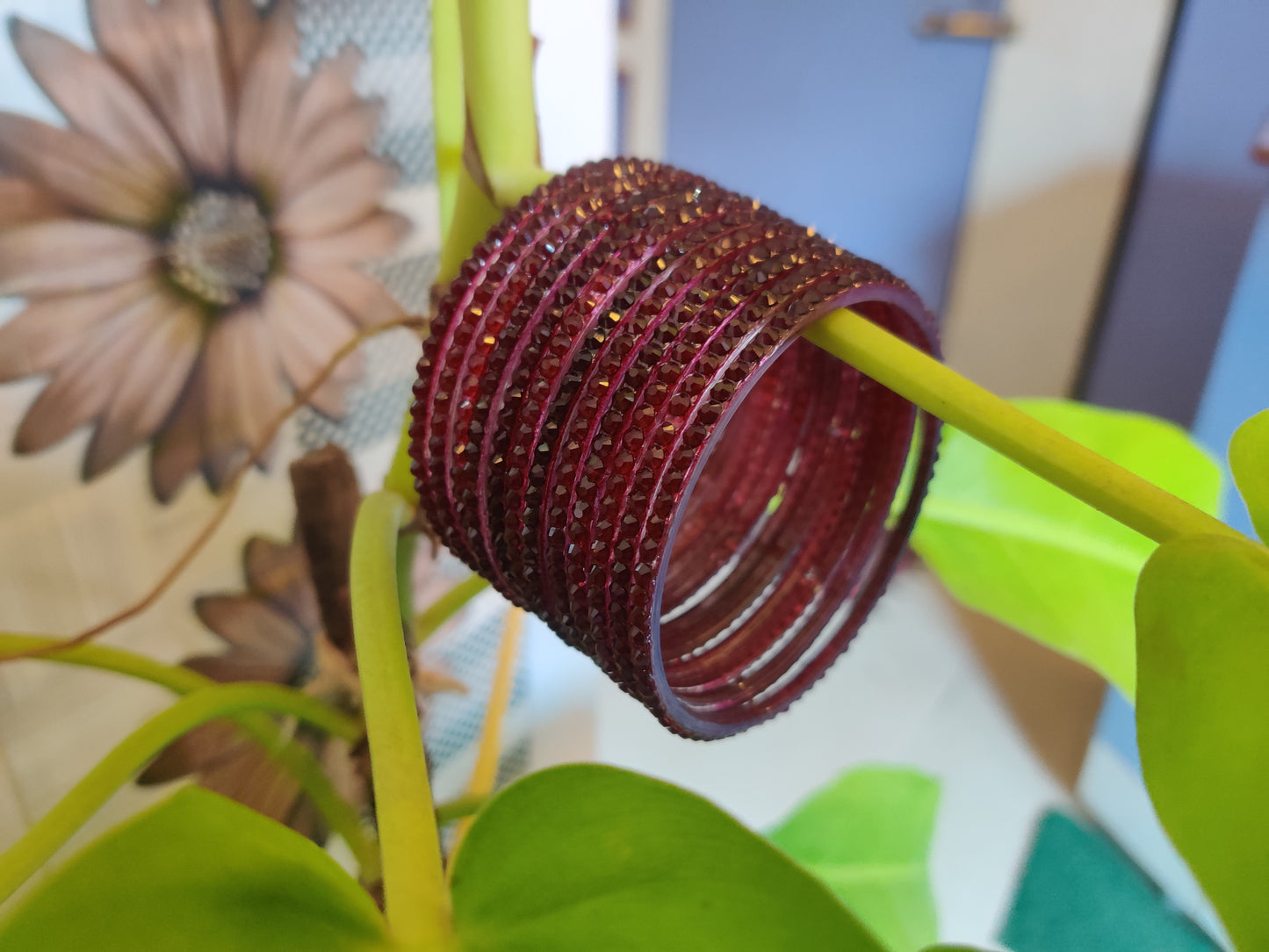 Maroon Glass Bangle Set with Crystal Accents