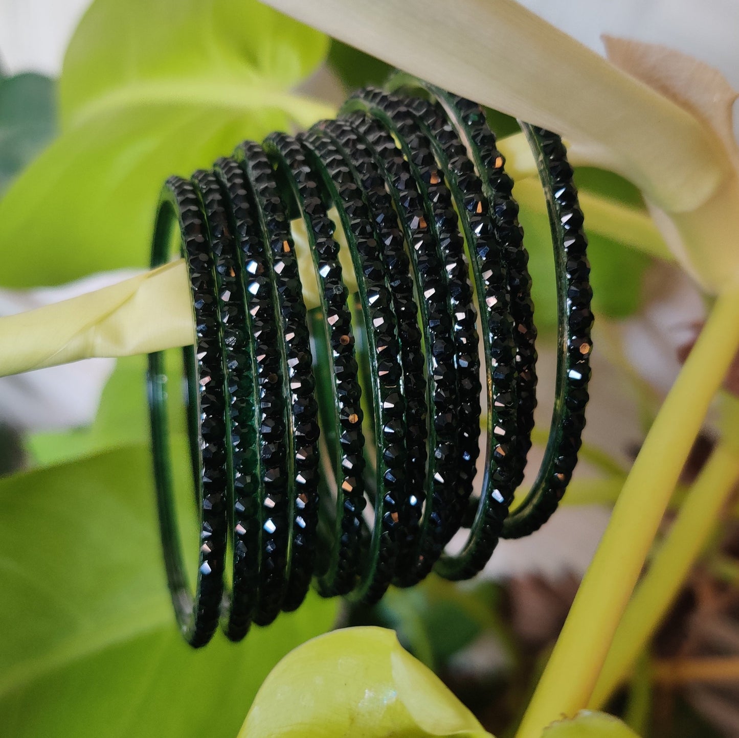 Dark Green Glass Bangle Set with Crystal Accents