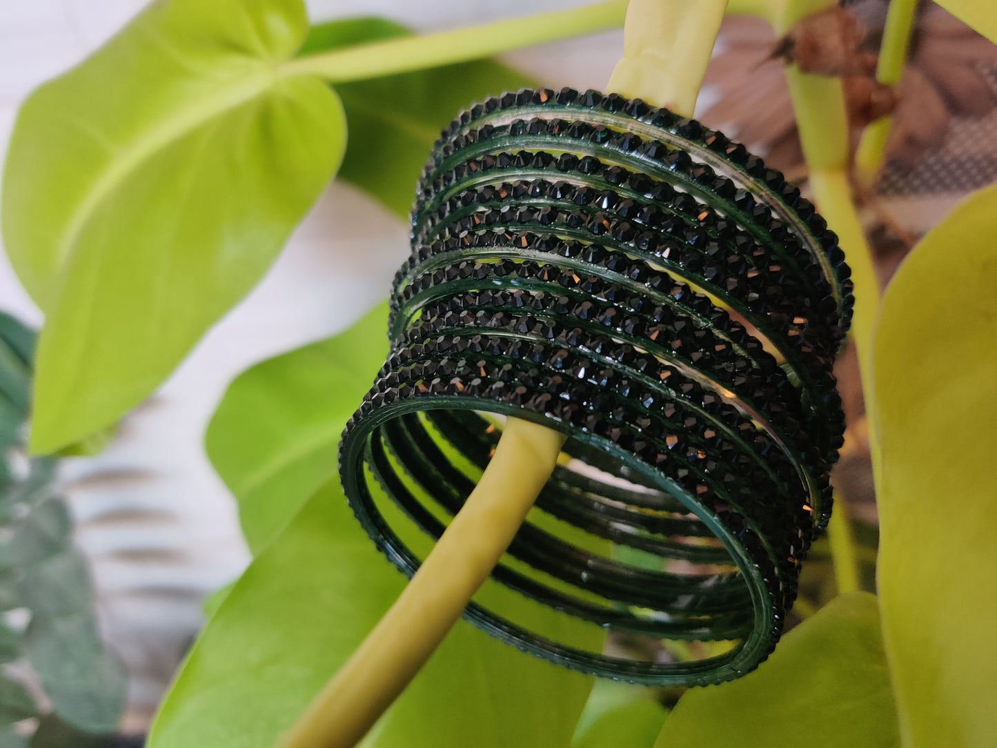 Dark Green Glass Bangle Set with Crystal Accents