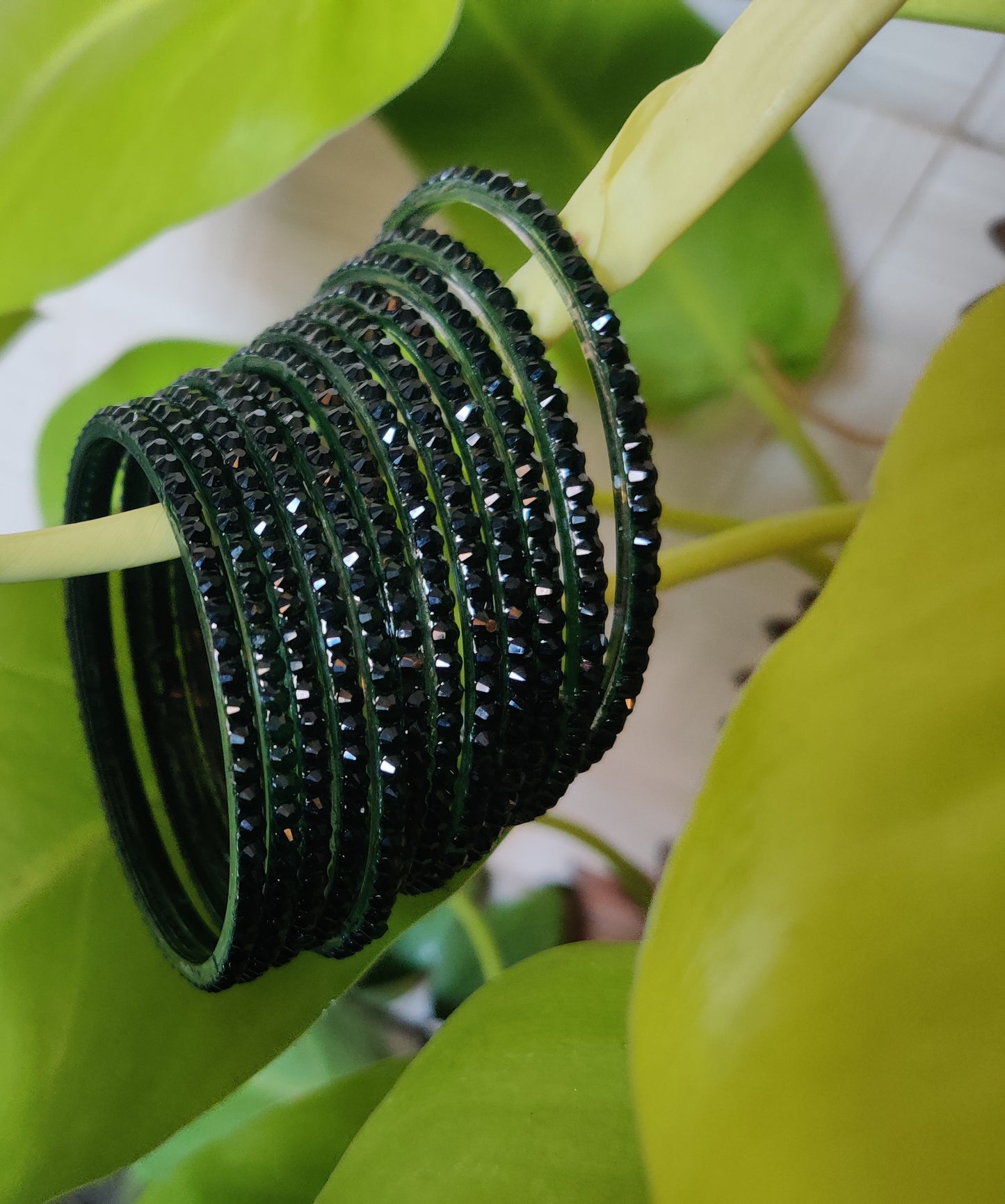 Dark Green Glass Bangle Set with Crystal Accents