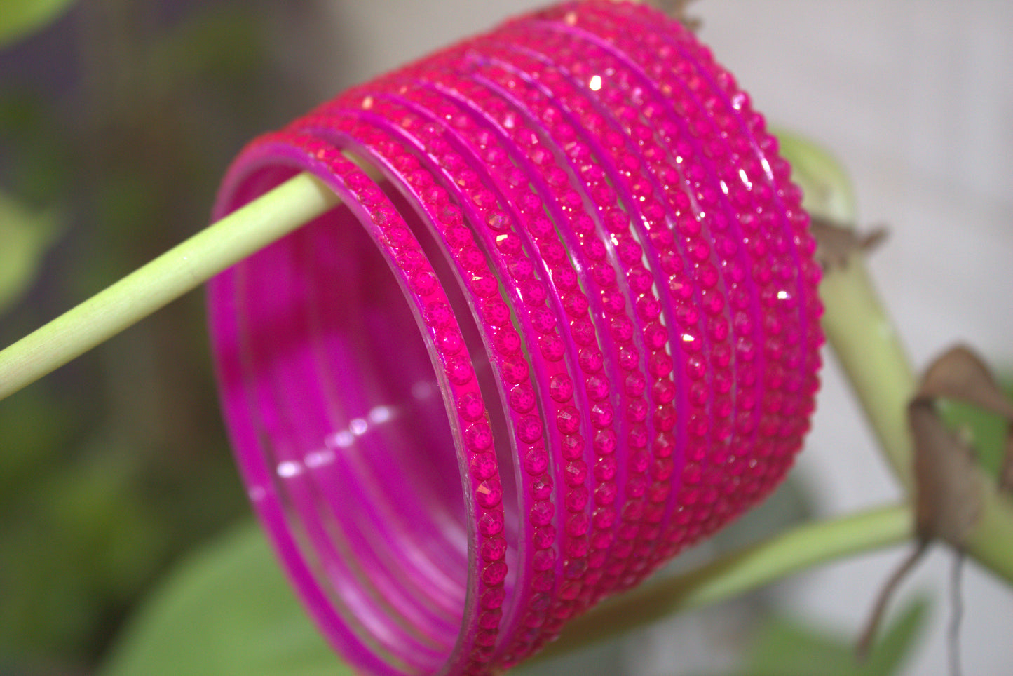 Pink Colour Glass Bangle Set with Crystal Accents