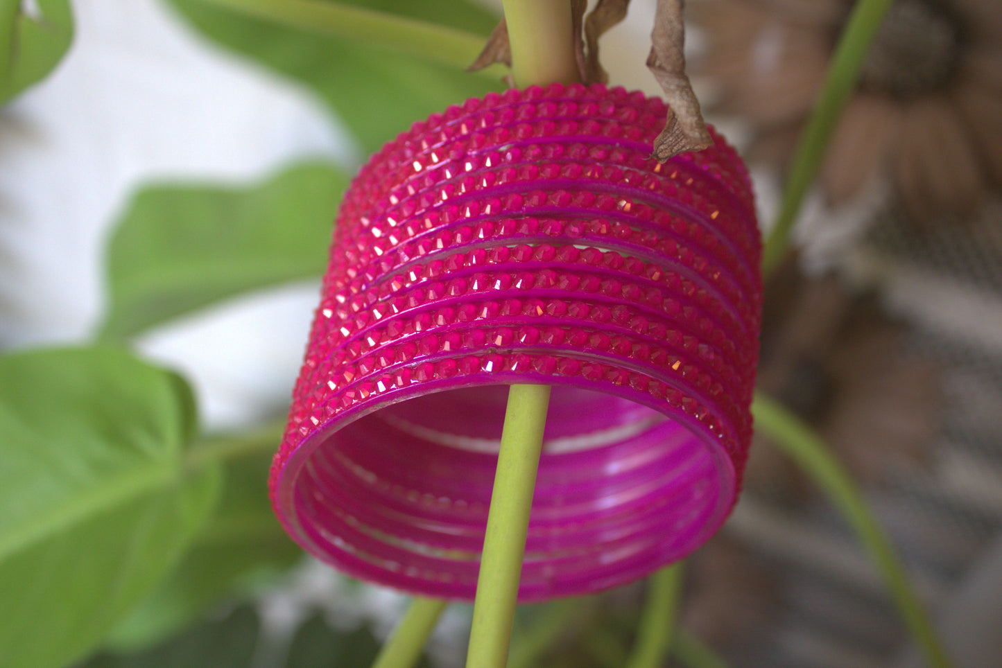 Pink Colour Glass Bangle Set with Crystal Accents