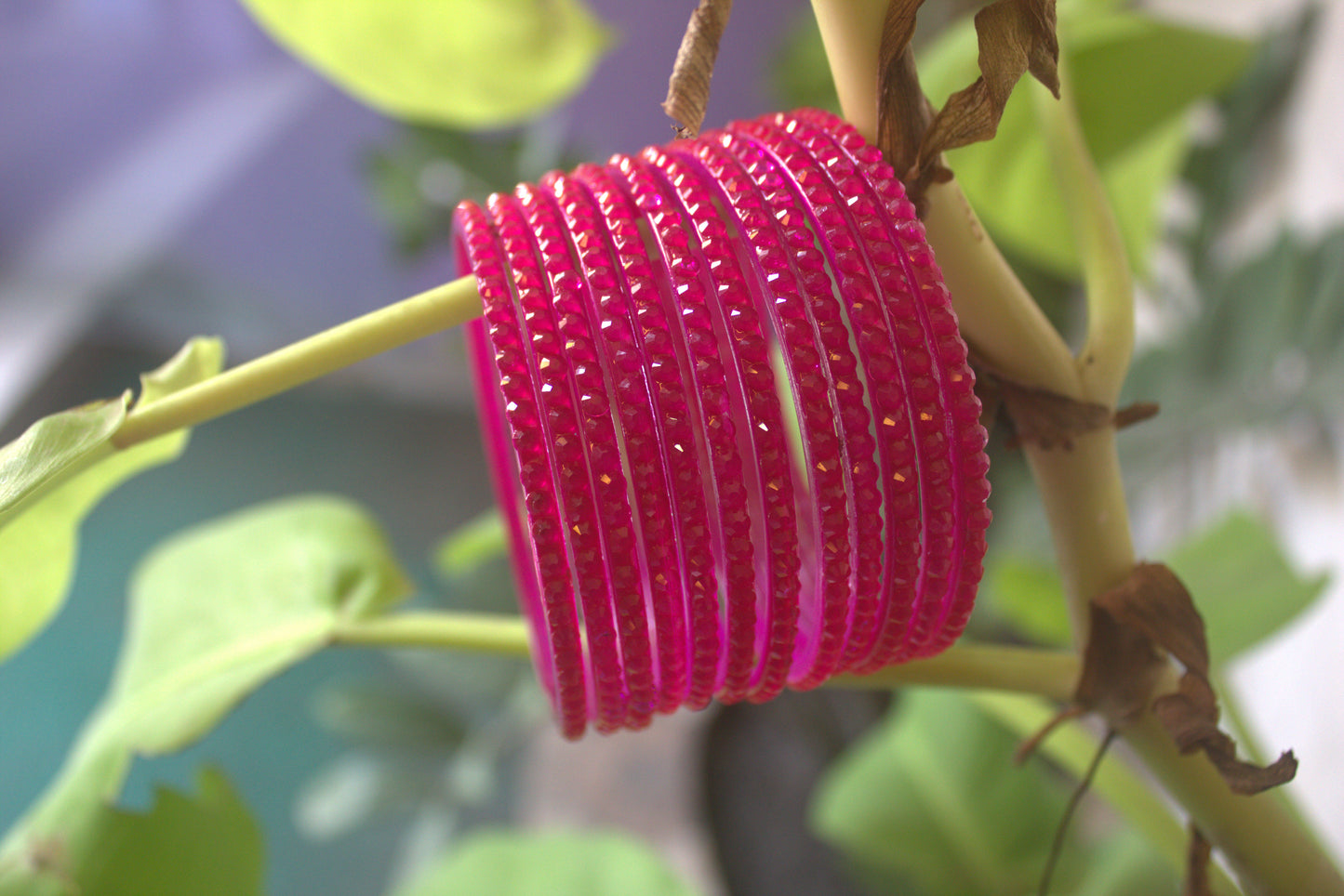 Pink Colour Glass Bangle Set with Crystal Accents