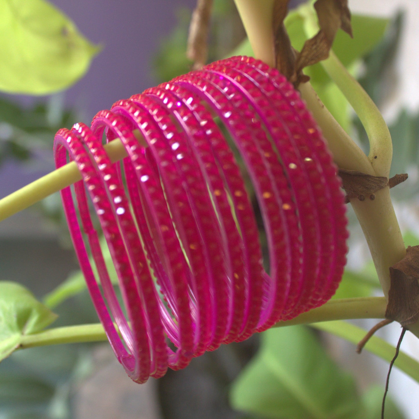 Pink Colour Glass Bangle Set with Crystal Accents