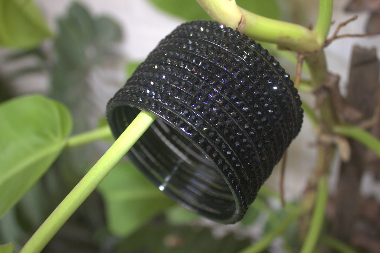 Black Colour Glass Bangle Set with Crystal Accents