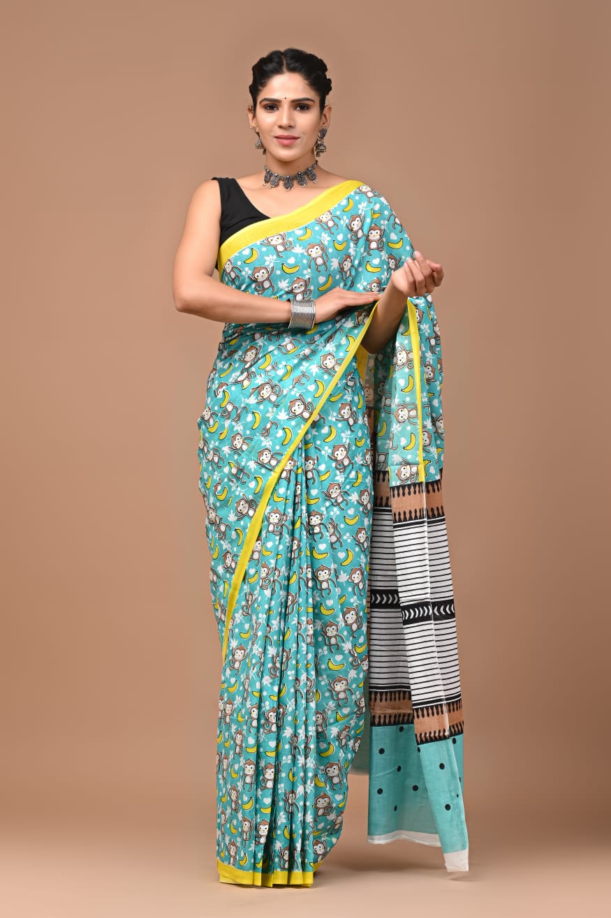 Organic Soft Cotton- Go bananas with this playful monkey pattern saree