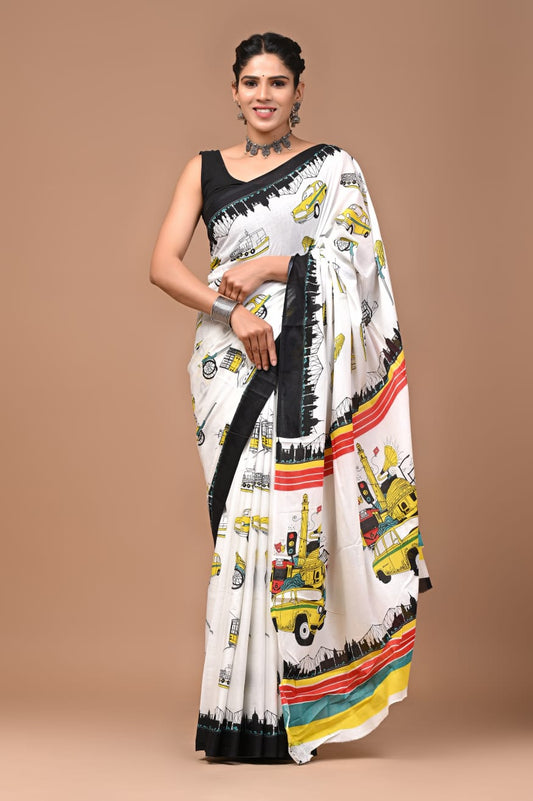 Organic Soft Cotton- With Vintage vehicles pattern saree